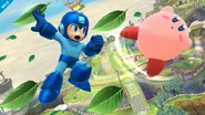 Mega Man using the Leaf Shield against Kirby in Super Smash Bros. for Wii U.