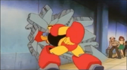 Guts Man using his strength in the Mega Man animated series.