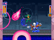 Mega Man using Astro Crush against Aqua Man in Wily Tower. Not only does this weapon dissipate any of Aqua Man's attacks, but it also shatters the glass tank in his body.