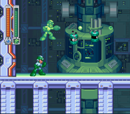 Mega Man using Copy Vision. Several Telly Rs being attracted to the Copy Vision hologram that would pursue Mega Man otherwise.