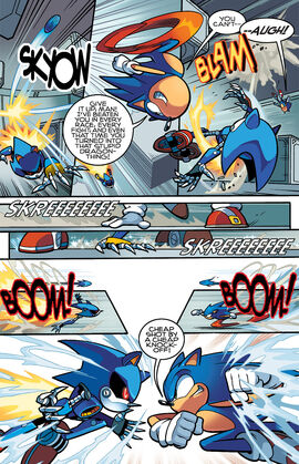 Metal Sonic facing Sonic in the Wily Egg.