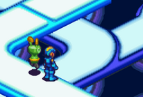 Mr. Prog and MegaMan enjoying the view in Town Area 2 in Mega Man Battle Network 4.