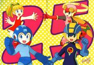 Mega Man, MegaMan.EXE, Roll and Roll.EXE in Rockman 25th anniversary tribute art by Miho Asada.