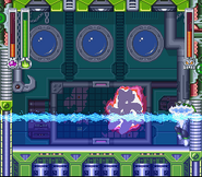 Bass using Wave Burner against Pirate Man. If part of Pirate Man is above the surface of the water and is hit with the flames from Wave Burner, he will ignite for a split-second.