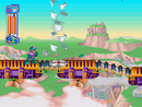 Mega Man using Tornado Hold. A large tower of wind is created from the spinning fan on the ground.