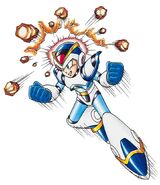 Armor-clad Mega Man X using his Head Parts to smash rocks.