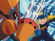 Rockman attacking BeastMan with Wide Sword.