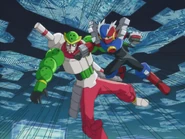 Metal Soul MegaMan punches BowlMan in the face with his Metal Fist.