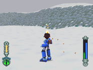 Mega Man using the Machine Gun Arm in Mega Man Legends 2.