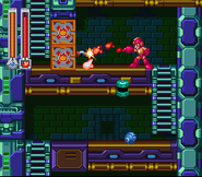 Mega Man using Wave Burner to light an explosive wall in King Castle.