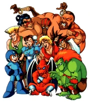Eight Street Fighter characters (E.Honda, Dhalsim, Zangief, Guile, Chun-Li, Ken, Ryu, and Blanka) with Mega Man and .