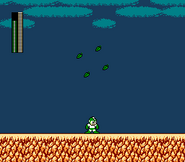 Mega Man firing Leaf Shield up in Mega Man 2.