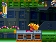 Mega Man using Flame Sword to light a fuse in Grenade Man's stage.