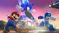 Mario and Mega Man dodging Sonic's kick