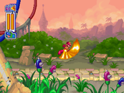 Mega Man doing a downward slash with Flame Sword. This can be done in mid-air.