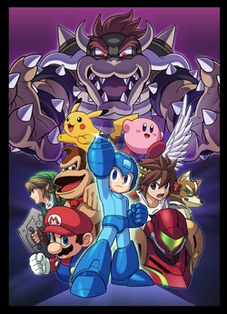 Artwork by  with Mega Man and nine characters from the game.