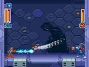 Mega Man using Thunder Claw to deflect Grenade Man's Flash Bombs back at him.