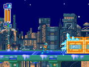 Mega Man firing Ice Wave, showing its ability to climb surfaces.