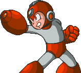 Sprite of Mega Man equipped with the Scorch Wheel on the Weapon Get screen.