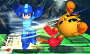 Mega Man using Top Spin against Pac-Man in Super Smash Bros. for Nintendo 3DS.