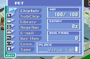 Plug-in PET menu screen in Mega Man Battle Network 3 White.