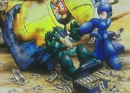 Flashback from Mega Man 8 showing Mega Man stopping a robbery, with notes (possibly Zenny) flying.