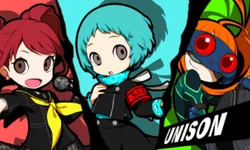 From left to right, the main Navigators of Persona 4, Persona 3, and Persona 5 in 