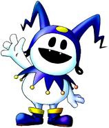 Jack Frost's edited artwork as it appears in Shin Megami Tensei IV. Using the Shin Megami Tensei: Devil Summoner artwork as a base, it omits the smiley face and edits shading on his hat's yellow button.