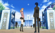 The protagonist and Yukari outside Gekkoukan High School