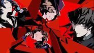 All-Out Attack cut-in in Persona 5 with the protagonist, Yusuke, Makoto and Haru