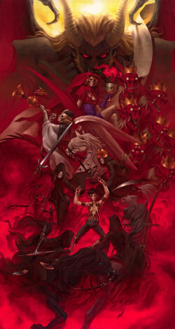 The Demi-fiend surrounded by Lucifer and the Fiends