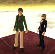 The protagonist wearing the Devil Summoner: Soul Hackers protagonist and Nemissa outfits.