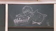 Chalkboard drawing of the protagonist and Morgana welcoming visitors.