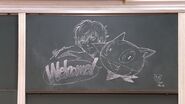 Chalkboard sketch of Morgana and the protagonist at the Persona 20th Anniversary Festival