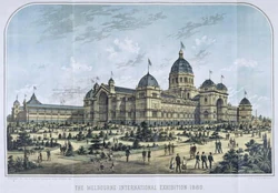 Lithograph of the building hosting the World's Fair of 1880 showing the rear wings which no longer exist