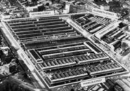 A black and white aerial image of the market