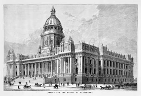 Lithograph of the original plans. The proposed reading room dome and wings were never completed.