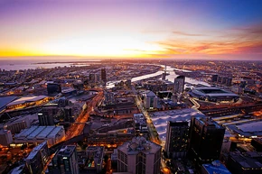 Melbourne's city centre at sunset, looking west