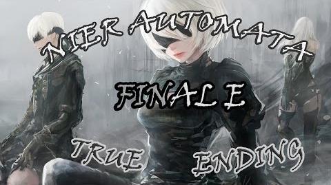 Final E de NieR:Automata, con Weight of the World the End of YoRHa sonando durante los créditos (a partir del minuto 5:12).