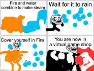 A Trollface comic but there's fire instead of oil!