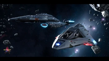 A Flyer-class Heavy Shuttle with an Intrepid-class Light Cruiser