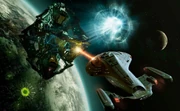 Die USS Voyager NCC-74656 greift einen Oktaeder an.