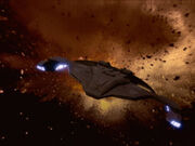 Sisko's Jem'Hadar attack ship escaping explosion