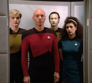 The Enterprise-D crew use the turbolift in 2364