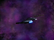 The USS Voyager near a station in the Nekrit Expanse