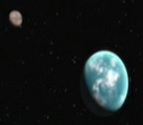 Azati prime (blue planet in front) with a moon in the background