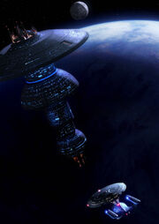 USS Enterprise-D approaches a Spacedock type station