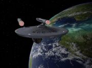 USS Enterprise orbiting Omicron Ceti III, remastered