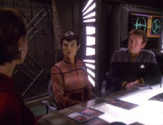 Senator Cretak, Colonel Kira and Chief O'Brien meeting