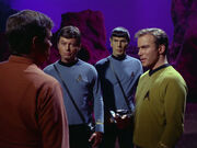 Zefram Cochrane meeting Kirk, Spock and McCoy